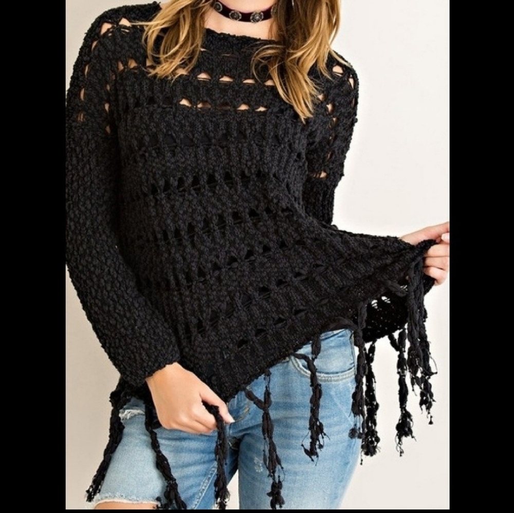BOLYNN Open Knit Sweater Long Sleeve Black Eyelash Yarn Fringe Size  Md & Lg NWT